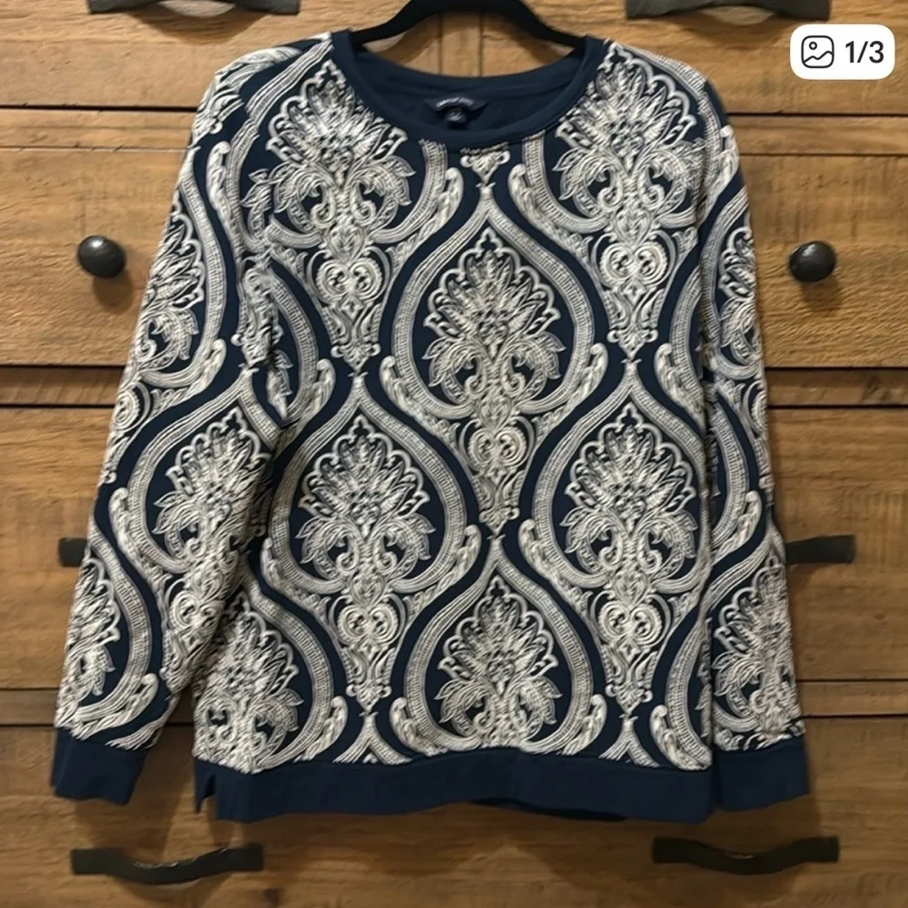 Lands End Navy Damask Velvet Print Sweatshirt Size L Tall